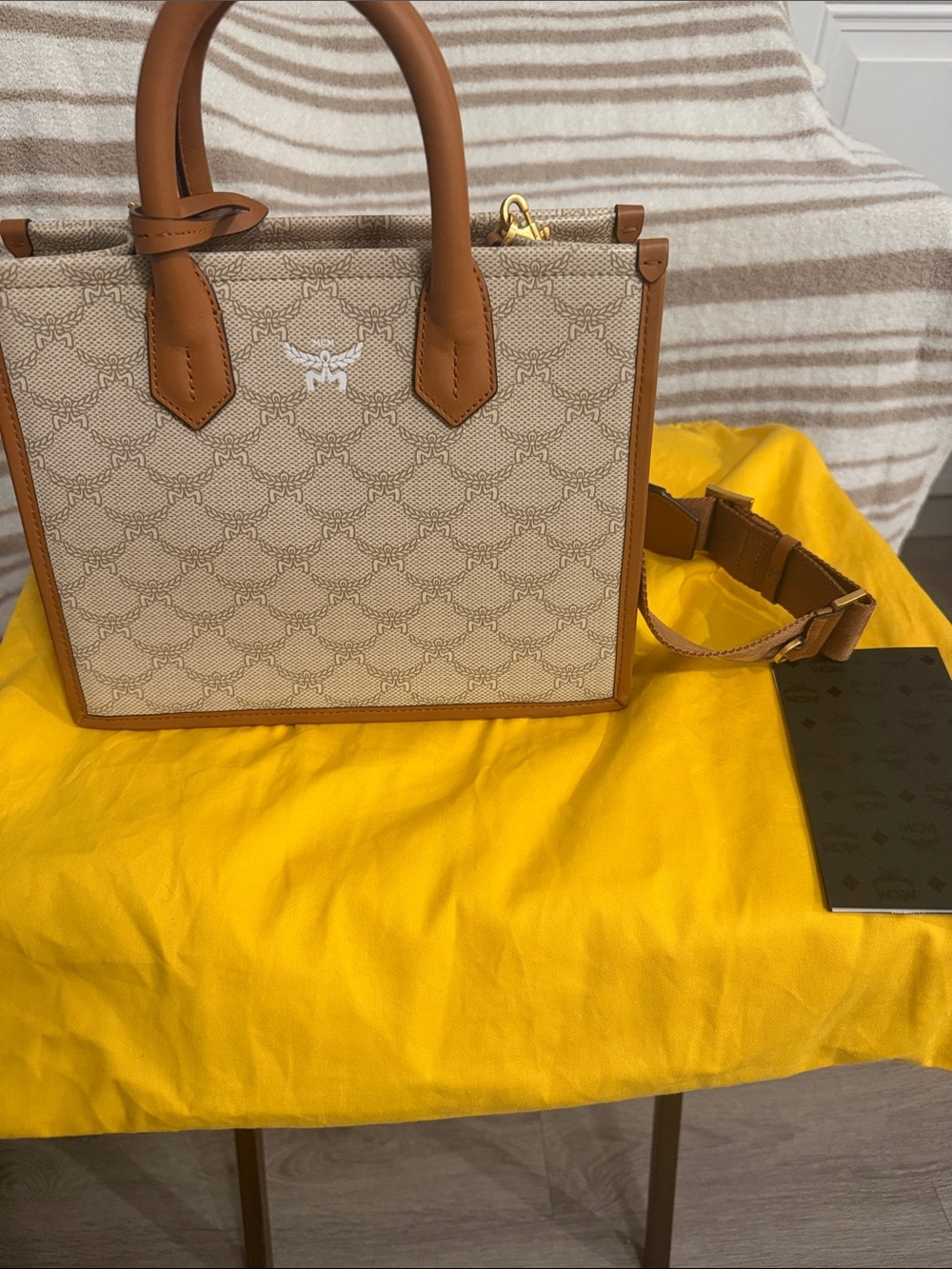 MCM Beige Canvas Satchel with Tan Leather Trim